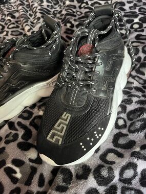 Versace Black and White Men's Chain-Detail Sneakers